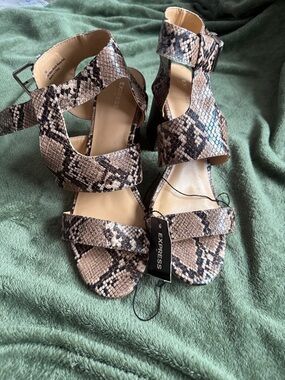Express Snake-Print Block Heel Sandals in Beige and Black